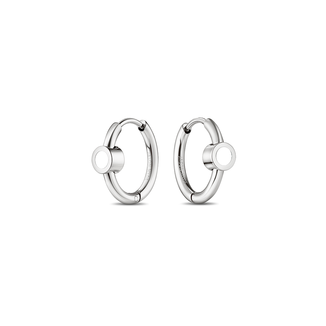 SILVER HOOPS HUGGIES WITH WHITE CHIP