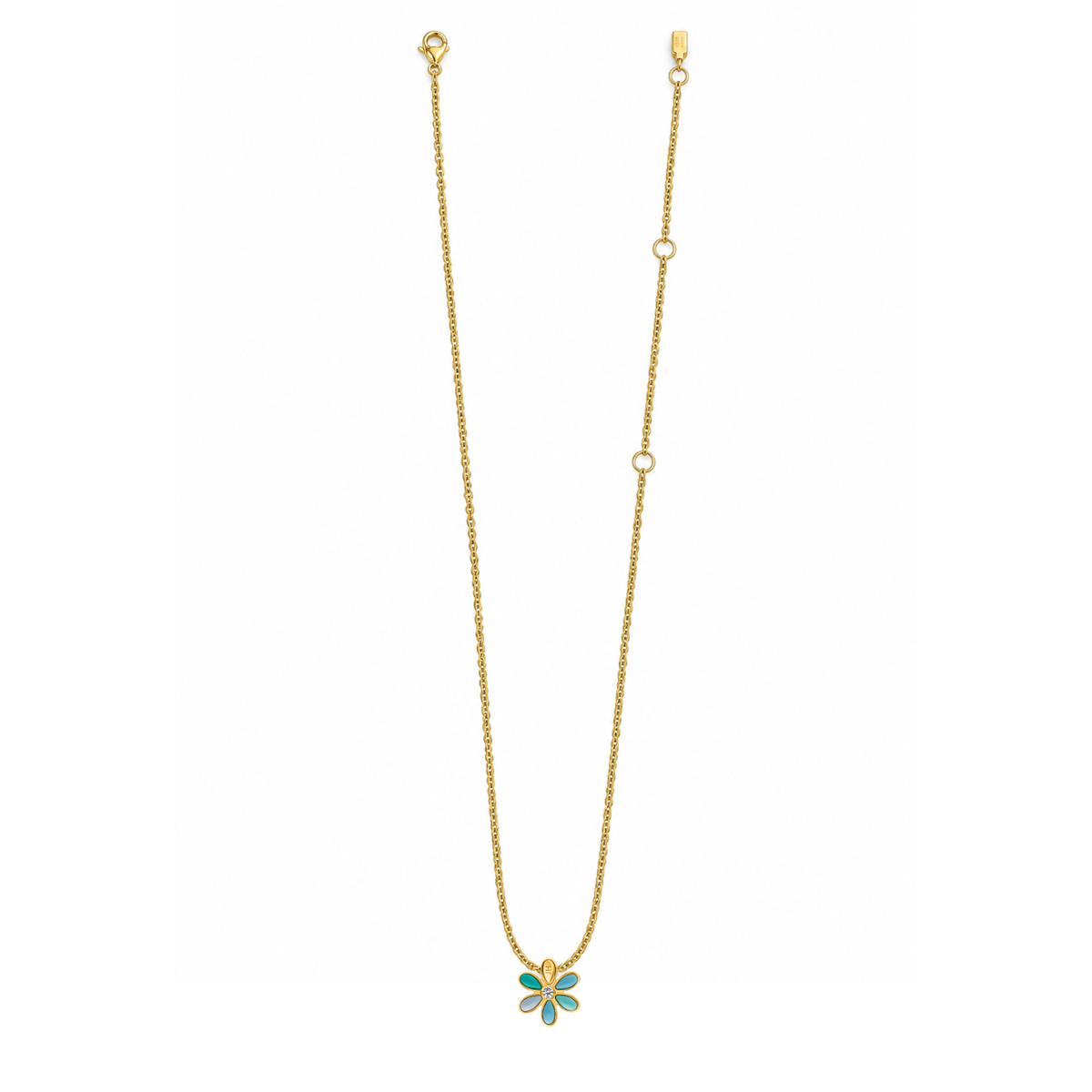Gold-tone chain necklace with turquoise enamel flower pendant