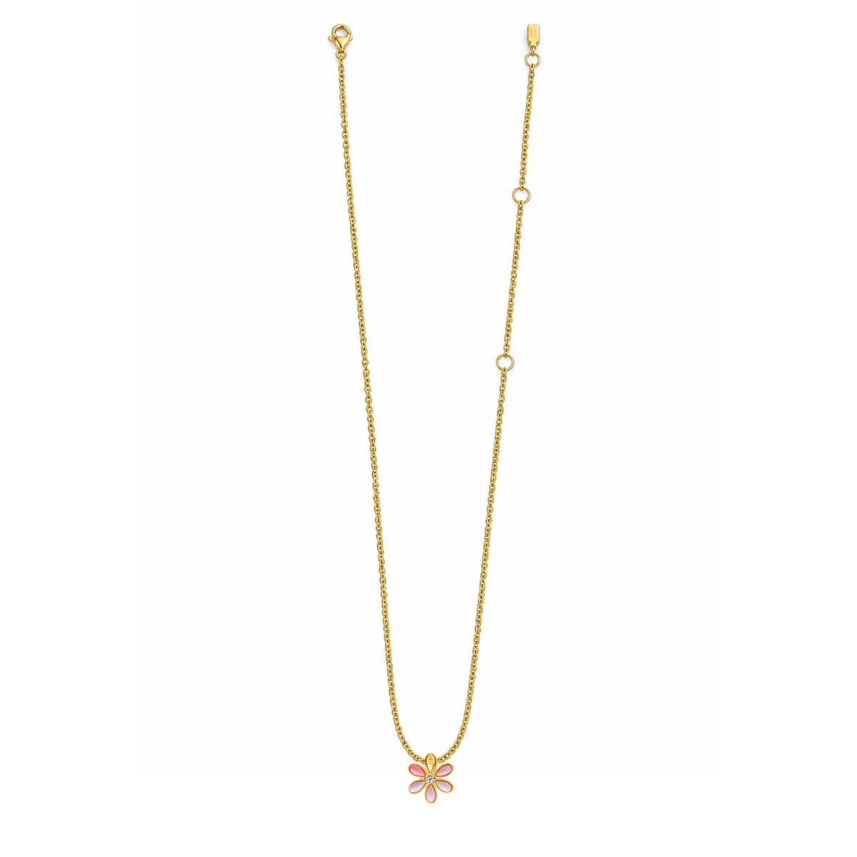 Gold-tone long necklace with coral petal flower pendant and slim link chain