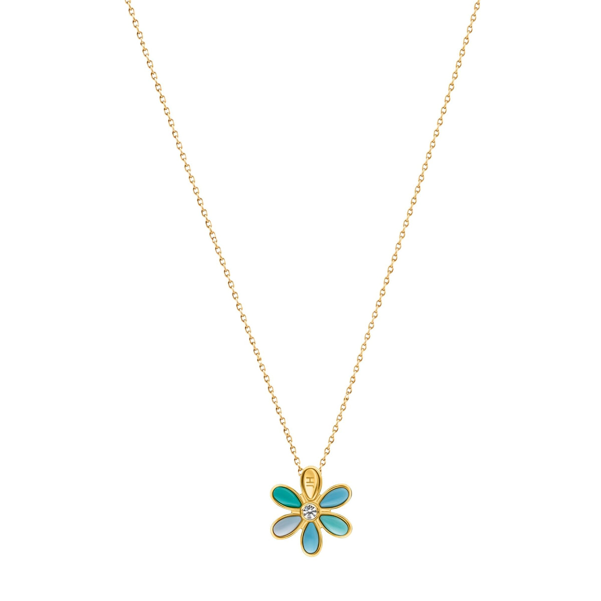 Gold-tone chain necklace with turquoise enamel flower charm pendant