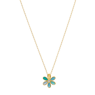Gold-tone chain necklace with turquoise enamel flower charm pendant