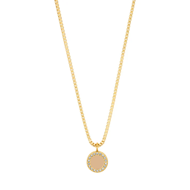 Beige and gold circular pendant necklace by Jason Hyde