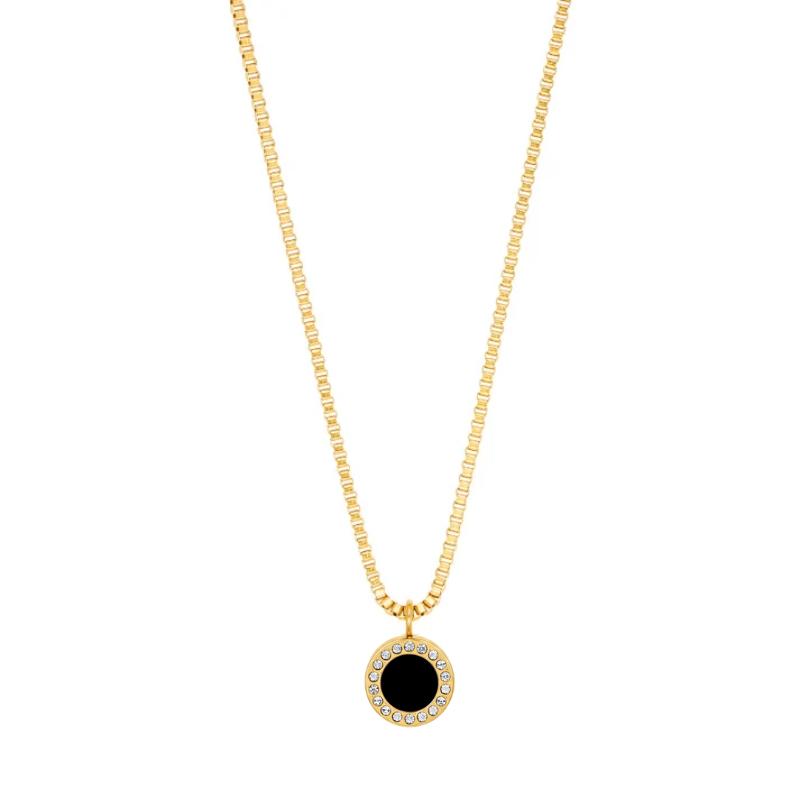 Jason Hyde gold box chain with black circular crystal pendant.   
