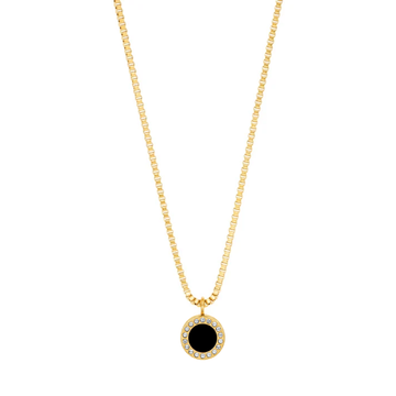 Jason Hyde gold box chain with black circular crystal pendant.   