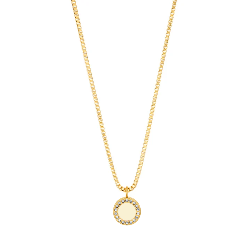 Jason Hyde gold chain featuring a Cappuccino circle crystal pendant