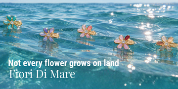 Fiori Di Mare banner: Not every flower grows on land text with colorful flower-shaped jewelry floating in clear blue water.