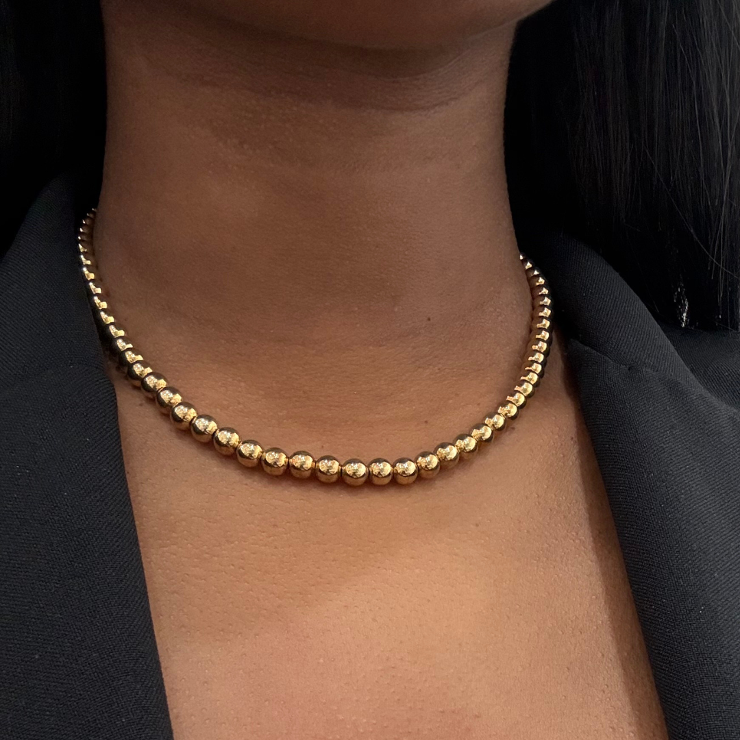 Gold bead choker necklace, minimalist high-polish sphere chain