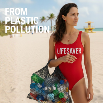 Red Recycled Swimsuit "LIFESAVER" with Plastic Bottles Net Bag on Beach