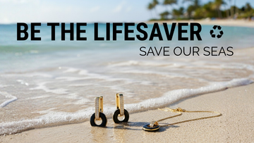 Jason Hyde sustainable gold earrings and necklace on a tropical beach 