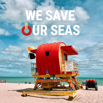 Miami Beach lifeguard tower red yellow blue sky we save our seas