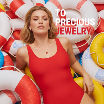 Woman Wearing Red Precious Lifesaver Jewelry Earrings and Necklace 