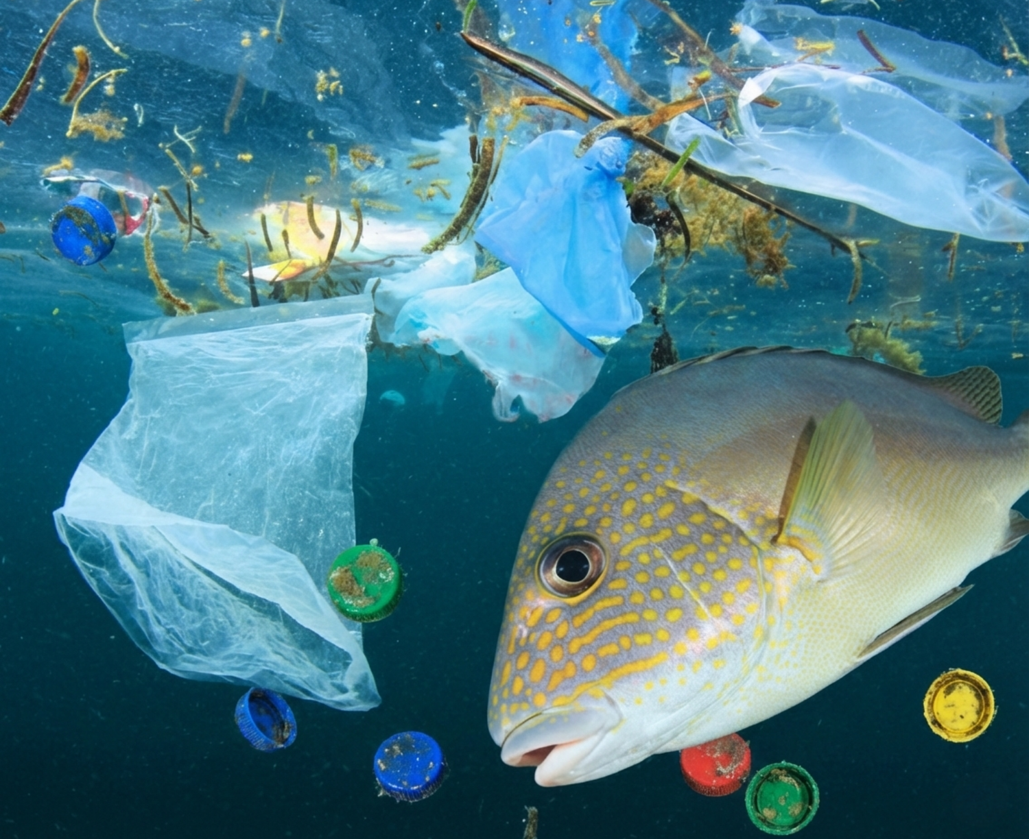 Fish swimming through heavy plastic pollution in the ocean.