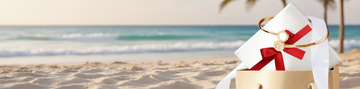 Image of the beach with a gift in one corner on top of the sand