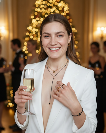 Smiling woman, wearing gold rings and a black tie-style necklace