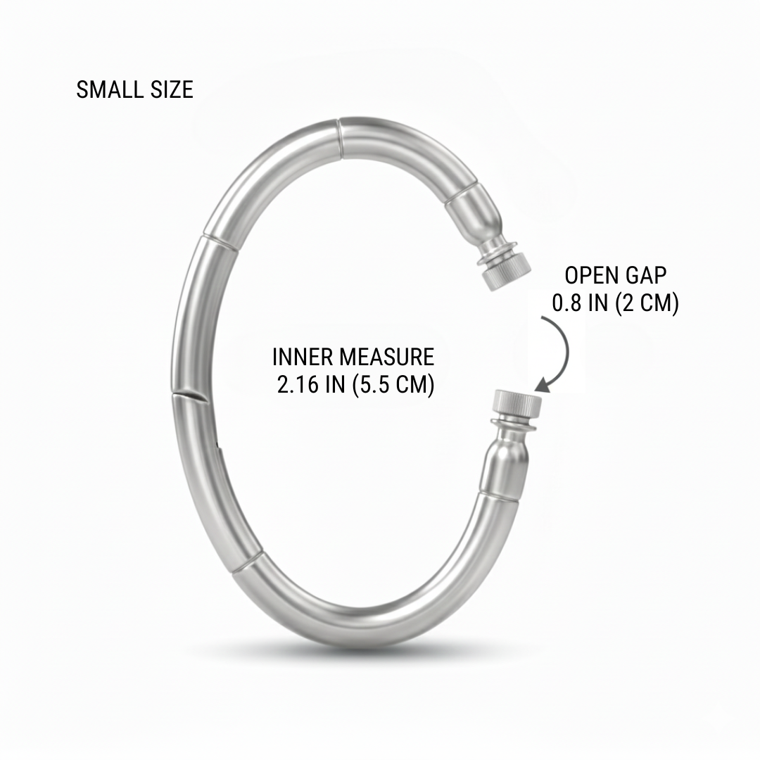 Size guide for a small silver cuff bracelet showing an inner measure of 2.16 inches and an open gap of 0.8 inches.