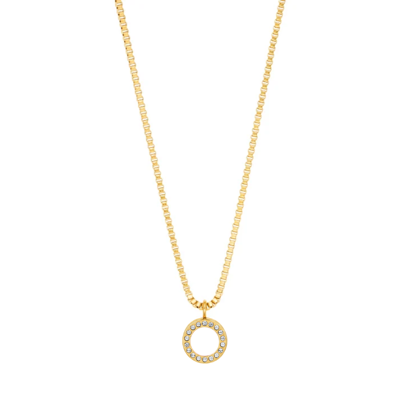 Gold round pendant necklace with white chip by Jason Hyde