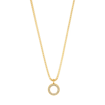 Gold round pendant necklace with white chip by Jason Hyde